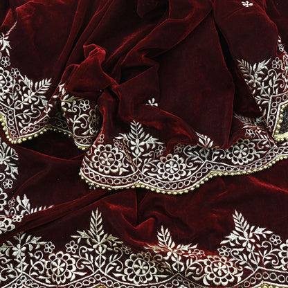 Indian Vintage Heavy Wedding Maroon Dupatta Velvet Long Stole Hand Embroidered Scarves Zari Hijab Veil Wrap Bridal Dupatta