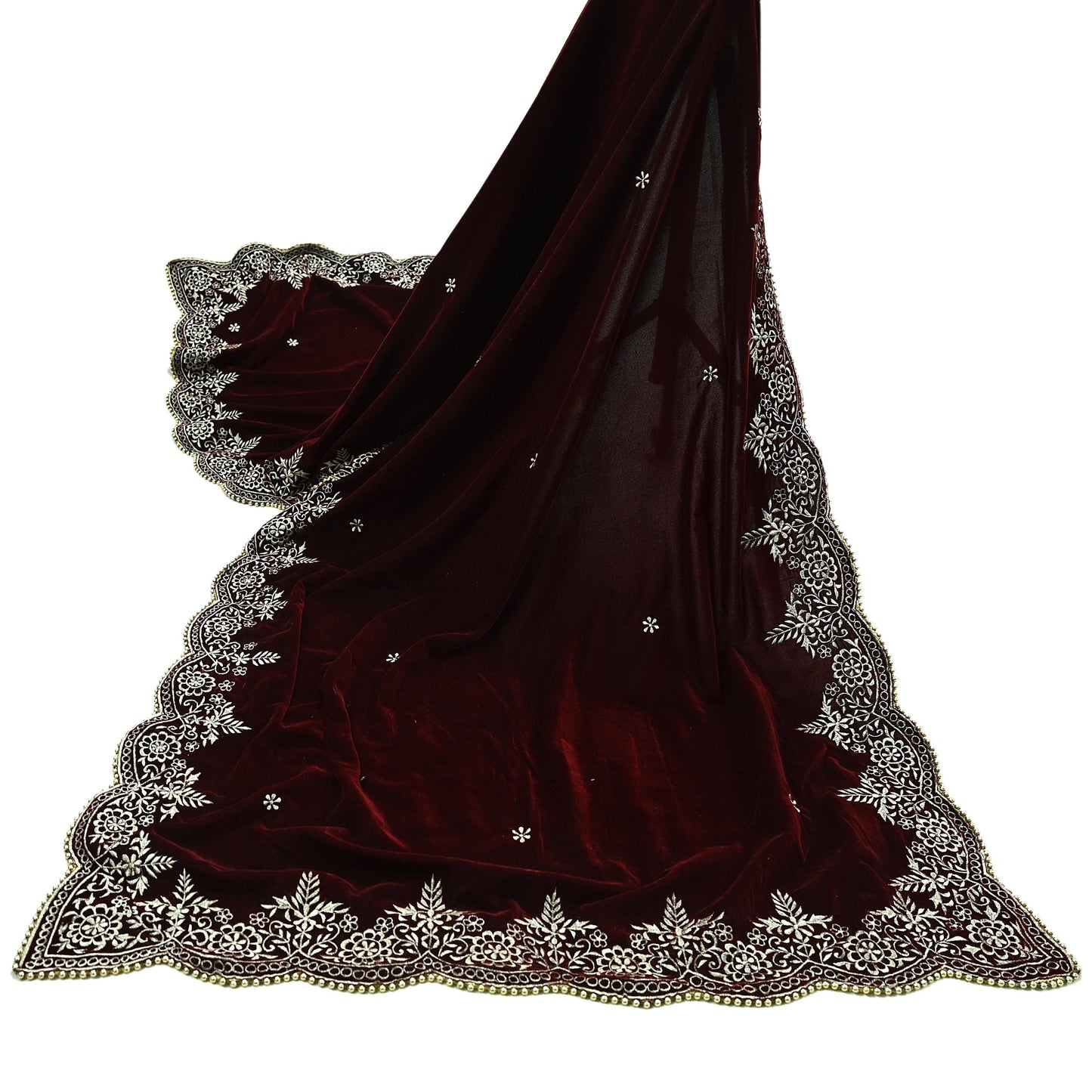 Indian Vintage Heavy Wedding Maroon Dupatta Velvet Long Stole Hand Embroidered Scarves Zari Hijab Veil Wrap Bridal Dupatta