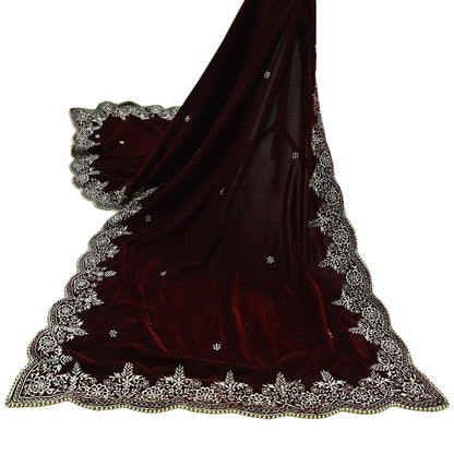 Indian Vintage Heavy Wedding Maroon Dupatta Velvet Long Stole Hand Embroidered Scarves Zari Hijab Veil Wrap Bridal Dupatta