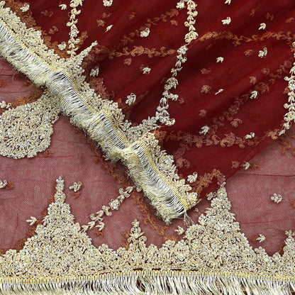 Indian Vintage Heavy Wedding Maroon Dupatta Net Mesh Long Stole Hand Embroidered Scarves Golden Zardozi Zari Sequins Dridal Veil Hijab