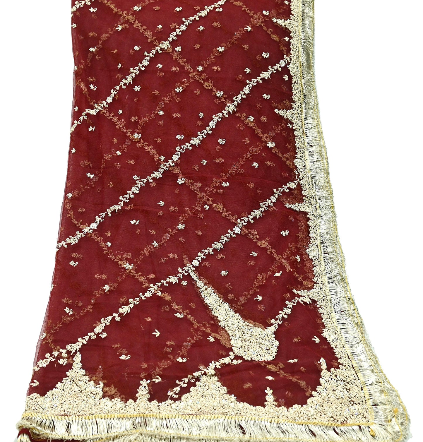 Indian Vintage Heavy Wedding Maroon Dupatta Net Mesh Long Stole Hand Embroidered Scarves Golden Zardozi Zari Sequins Dridal Veil Hijab