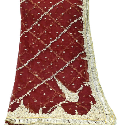 Indian Vintage Heavy Wedding Maroon Dupatta Net Mesh Long Stole Hand Embroidered Scarves Golden Zardozi Zari Sequins Dridal Veil Hijab