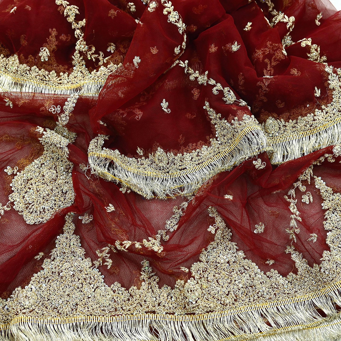 Indian Vintage Heavy Wedding Maroon Dupatta Net Mesh Long Stole Hand Embroidered Scarves Golden Zardozi Zari Sequins Dridal Veil Hijab