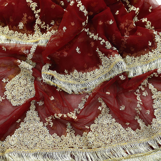 Indian Vintage Heavy Wedding Maroon Dupatta Net Mesh Long Stole Hand Embroidered Scarves Golden Zardozi Zari Sequins Dridal Veil Hijab
