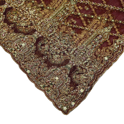Indian Vintage Heavy Wedding Maroon Dupatta Net Mesh Long Stole Hand Embroidered Scarves Golden Zardozi Zari Sequins Dridal Veil Hijab