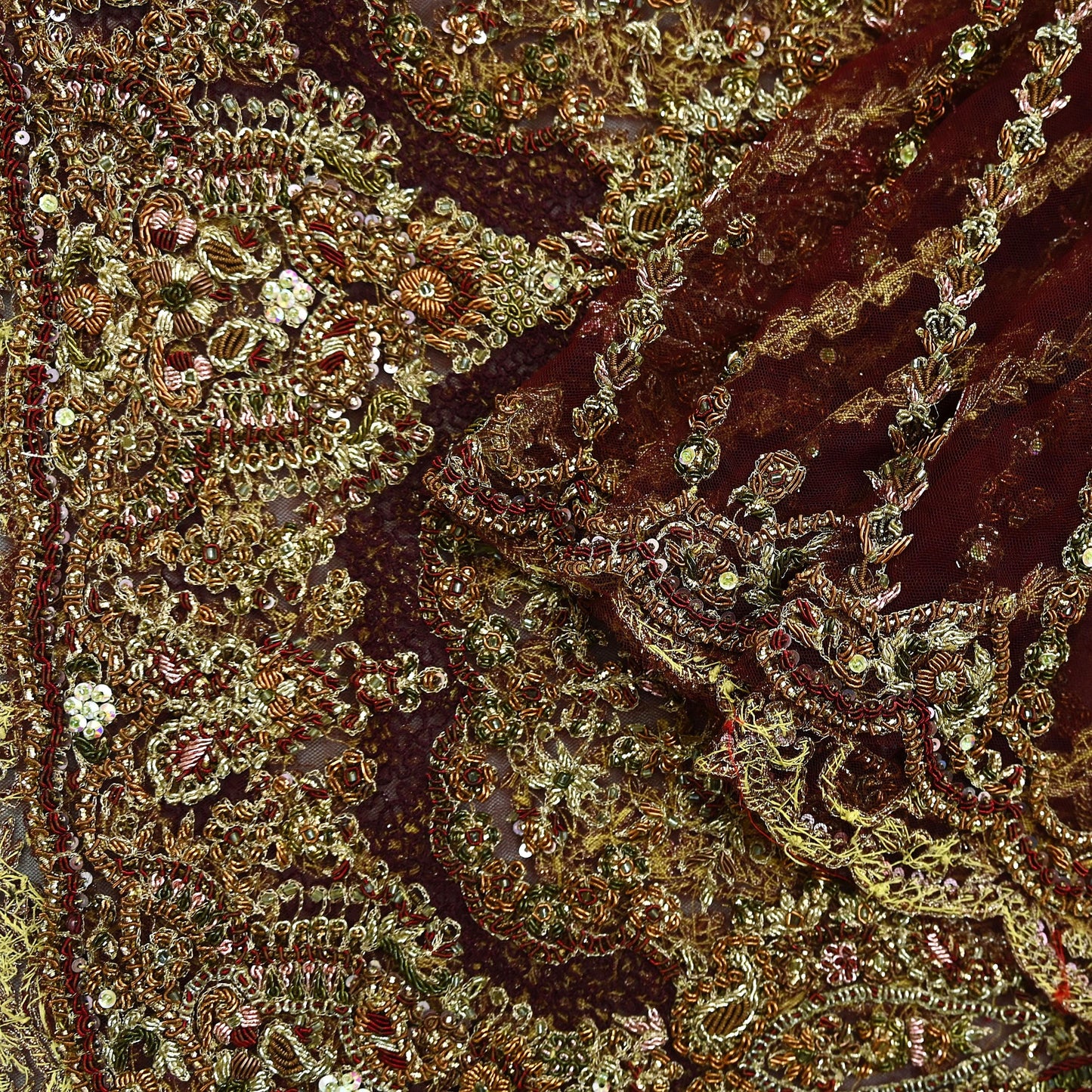 Indian Vintage Heavy Wedding Maroon Dupatta Net Mesh Long Stole Hand Embroidered Scarves Golden Zardozi Zari Sequins Dridal Veil Hijab