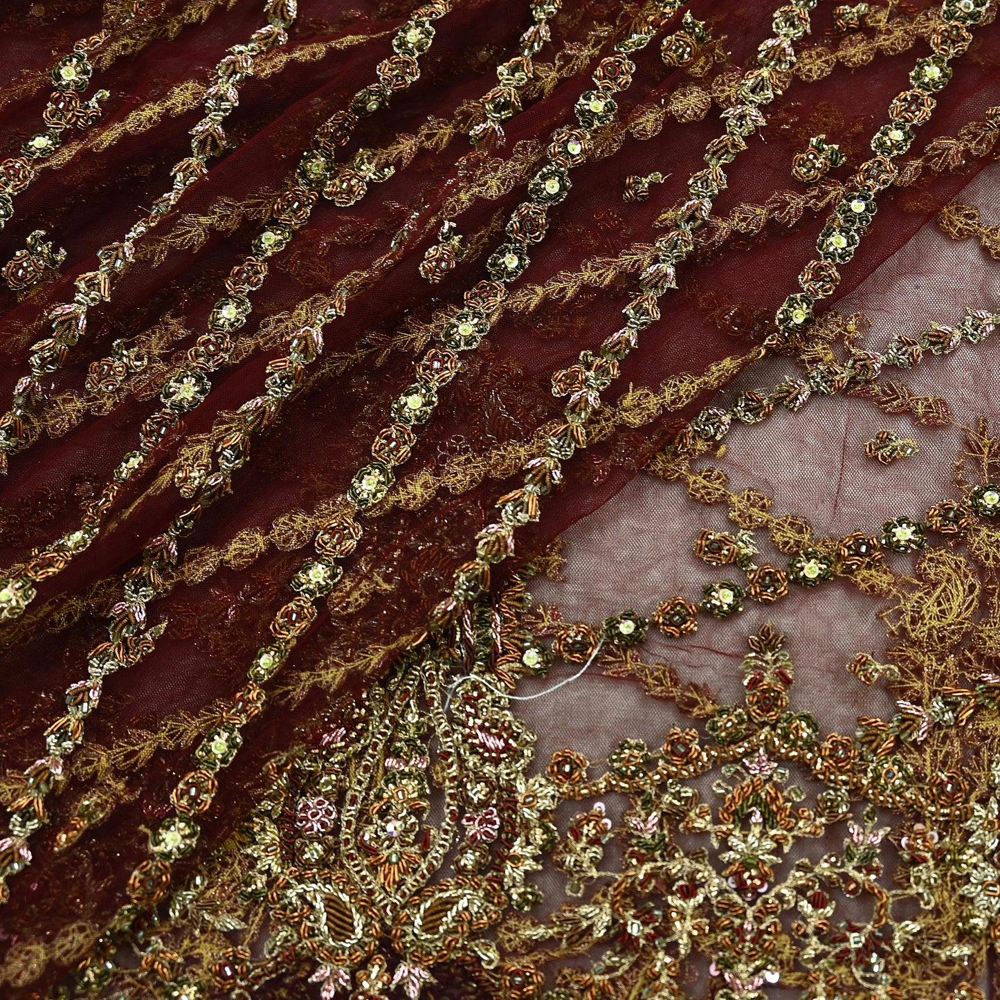 Indian Vintage Heavy Wedding Maroon Dupatta Net Mesh Long Stole Hand Embroidered Scarves Golden Zardozi Zari Sequins Dridal Veil Hijab