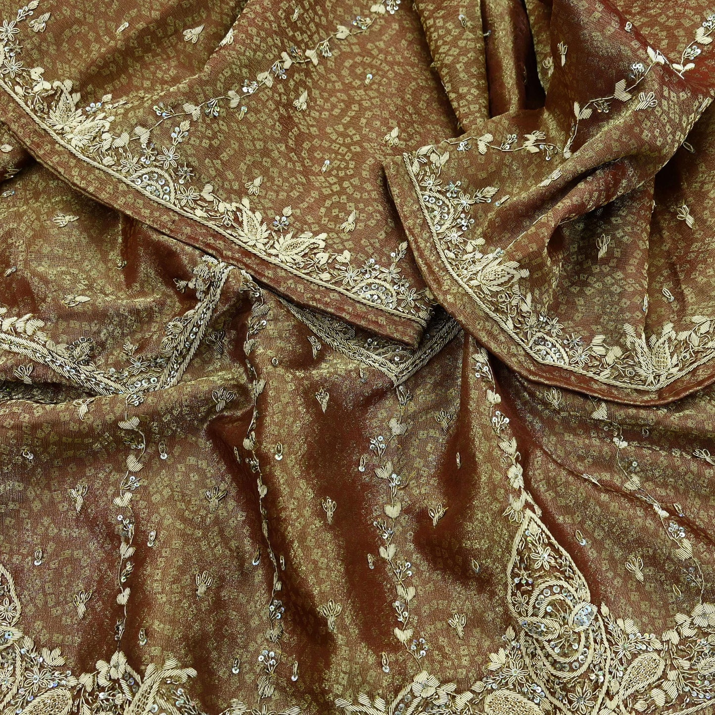Indian Vintage Heavy Bridal Dupatta Golden Maroon Pure Tissue Silk Long Stole Hand Embroidered Scarves Zari Zardozi/Dabka Wedding Hijab