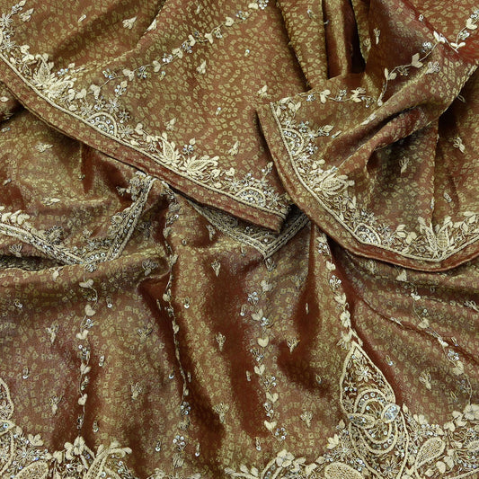 Indian Vintage Heavy Bridal Dupatta Golden Maroon Pure Tissue Silk Long Stole Hand Embroidered Scarves Zari Zardozi/Dabka Wedding Hijab