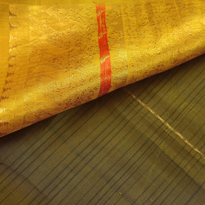 Indian Vintage Heavy Sari Green & Yellow Kanjivaram Saree 100% Pure Silk Zari 5Yd Crafting Dress making For Crafting Quilting Upcycle