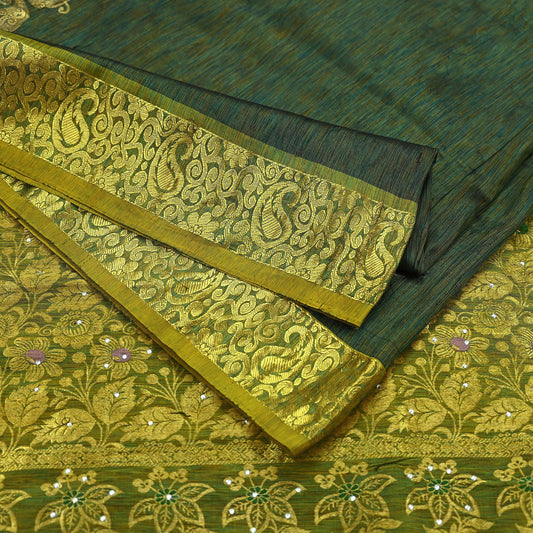 Indian Vintage Heavy Green Kanjivaram Saree 100% Pure Silk Sari Zari Border 5Yd Craft Fabric Floral Crafting Dress making Bollywood saree