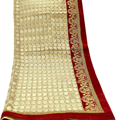 Indian Vintage Heavy Golden Dupatta Net Mesh Long Stole Hand Embroidered Scarves Golden Zardozi Dabka Bridal Veil Hijab Red Velvet Border