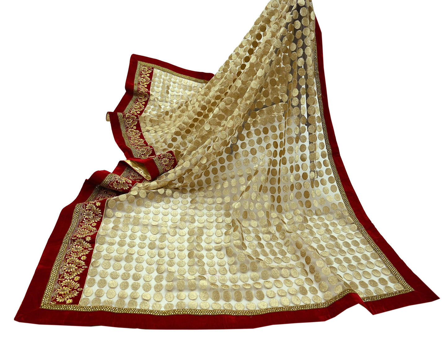 Indian Vintage Heavy Golden Dupatta Net Mesh Long Stole Hand Embroidered Scarves Golden Zardozi Dabka Bridal Veil Hijab Red Velvet Border