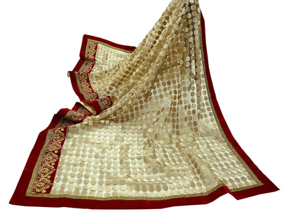 Indian Vintage Heavy Golden Dupatta Net Mesh Long Stole Hand Embroidered Scarves Golden Zardozi Dabka Bridal Veil Hijab Red Velvet Border