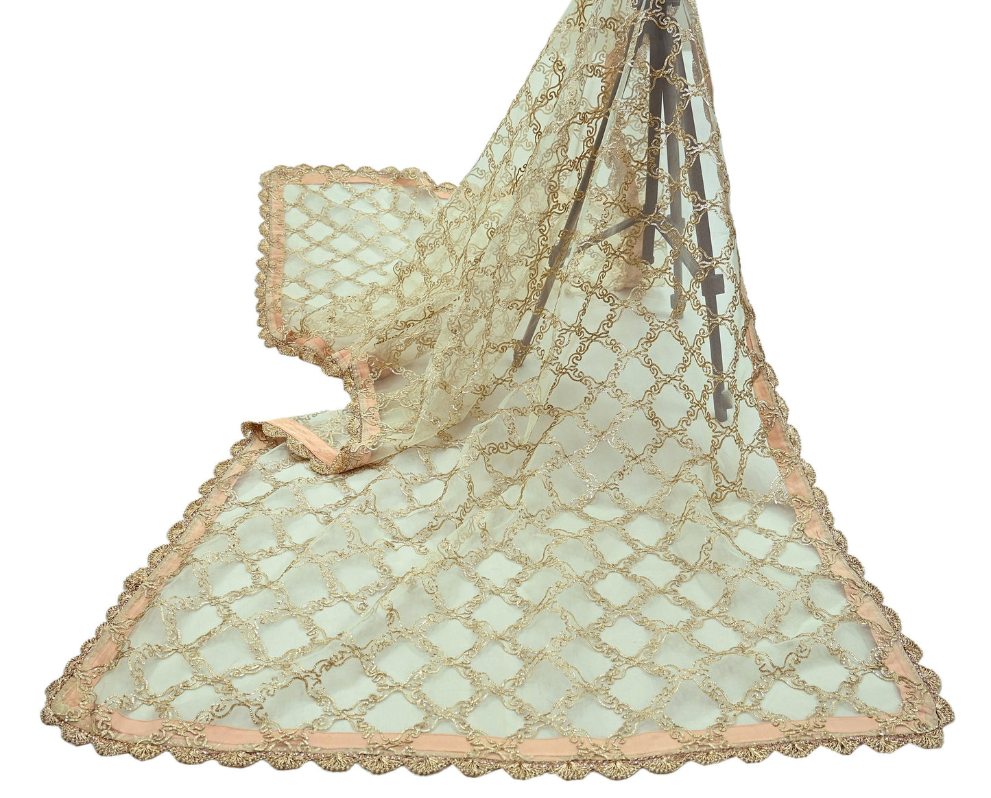 Indian Vintage Heavy Ivory Dupatta Net Mesh Long Stole Hand Embroidered Scarves Zardozi Dabka Zari Sequins Bridal Wedding Veil Hijab