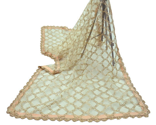 Indian Vintage Heavy Ivory Dupatta Net Mesh Long Stole Hand Embroidered Scarves Zardozi Dabka Zari Sequins Bridal Wedding Veil Hijab