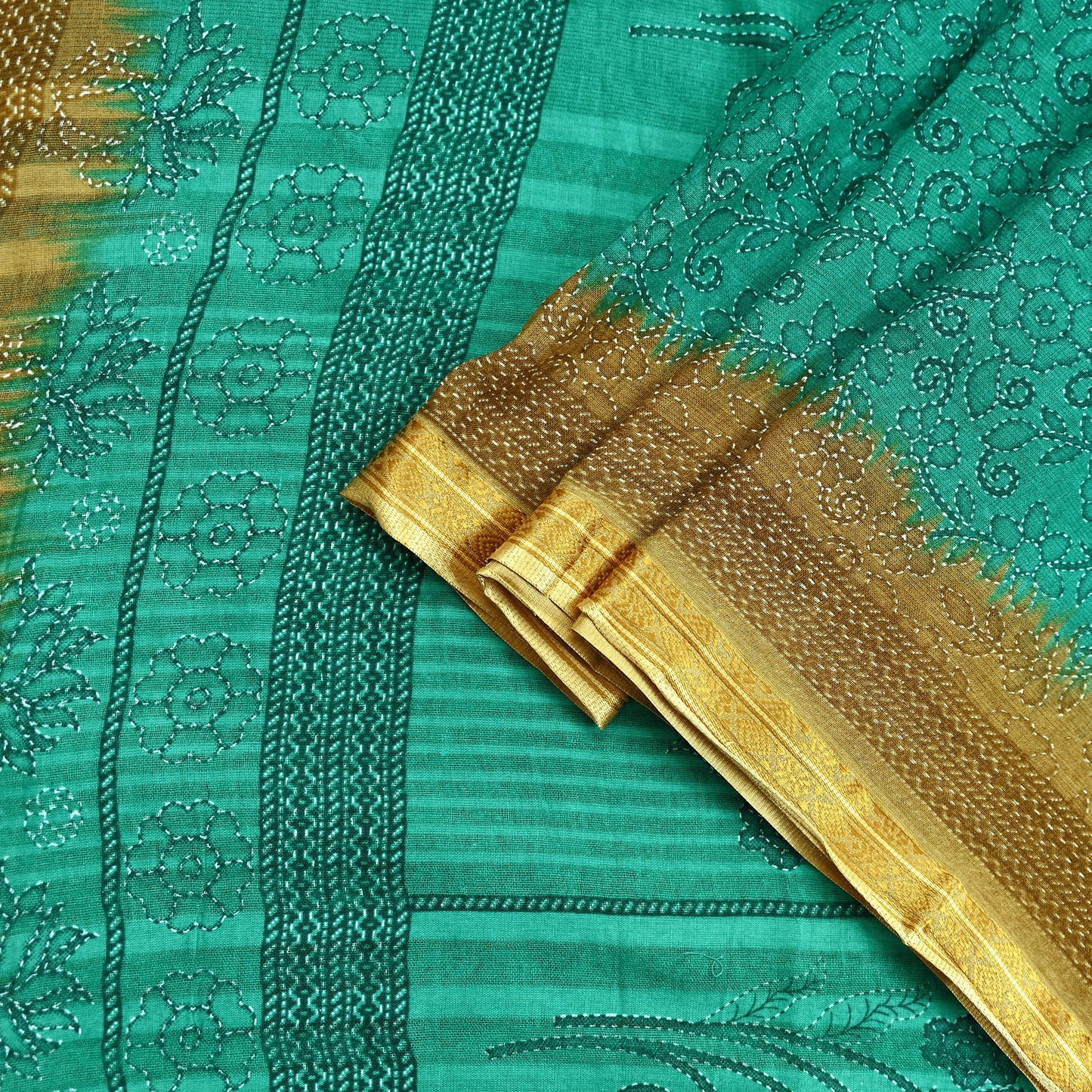 Indian Vintage Sari Green Pure Cotton Printed Sarees Craft Fabric 5Yd Soft Sewing Sarong Wrap Boho Floral Quilting Upcycle Crafting