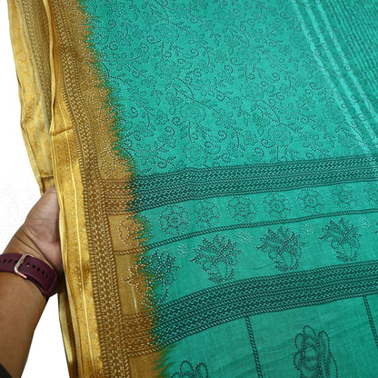 Indian Vintage Sari Green Pure Cotton Printed Sarees Craft Fabric 5Yd Soft Sewing Sarong Wrap Boho Floral Quilting Upcycle Crafting