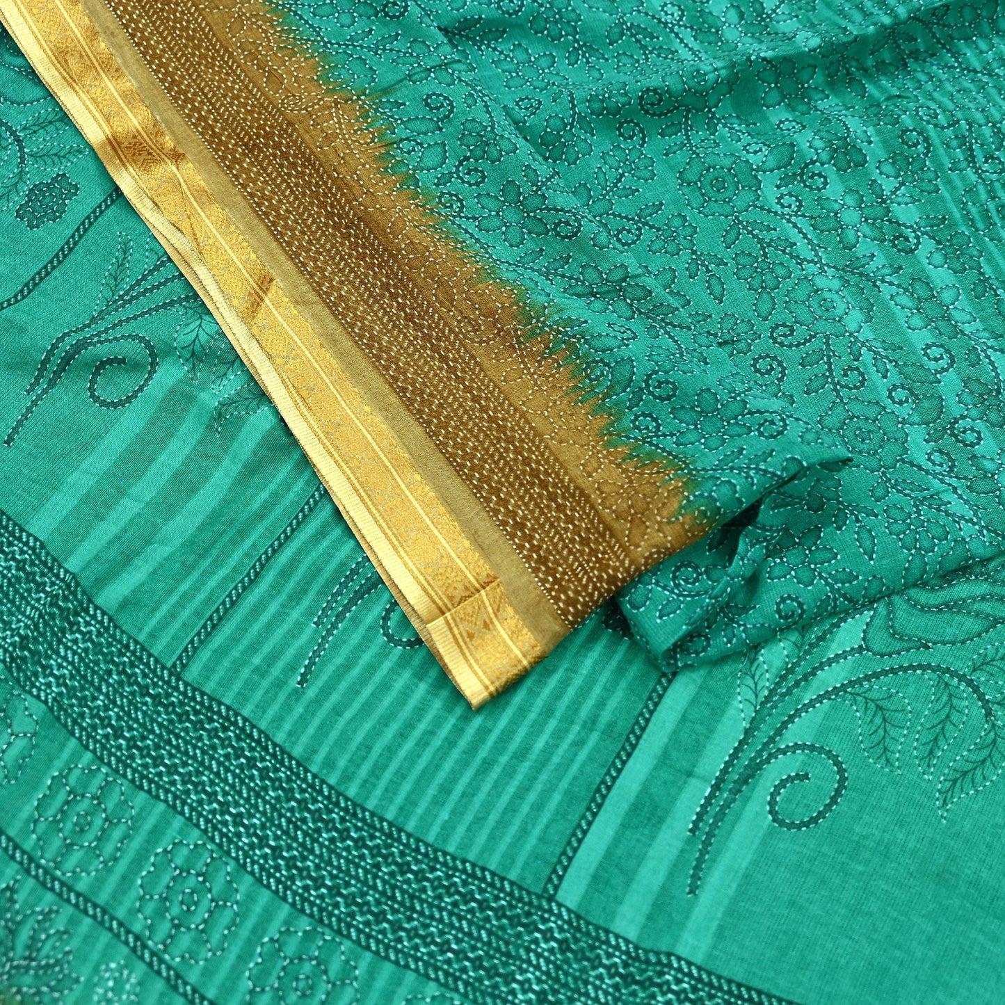 Indian Vintage Sari Green Pure Cotton Printed Sarees Craft Fabric 5Yd Soft Sewing Sarong Wrap Boho Floral Quilting Upcycle Crafting