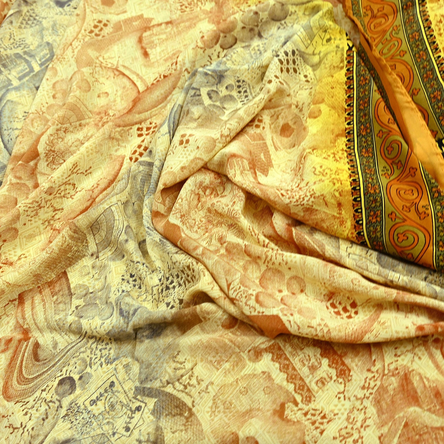 Indian Vintage Sari Ivory & Mustard Pure Crepe Silk Printed Sarees 6yd Sewing Soft Craft Fabric Wrap Dress Making Crafting Quilting Upcycle