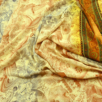 Indian Vintage Sari Ivory & Mustard Pure Crepe Silk Printed Sarees 6yd Sewing Soft Craft Fabric Wrap Dress Making Crafting Quilting Upcycle