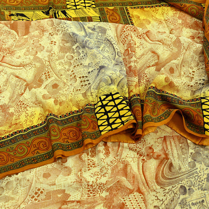 Indian Vintage Sari Ivory & Mustard Pure Crepe Silk Printed Sarees 6yd Sewing Soft Craft Fabric Wrap Dress Making Crafting Quilting Upcycle