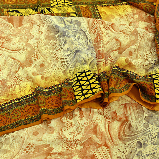 Indian Vintage Sari Ivory & Mustard Pure Crepe Silk Printed Sarees 6yd Sewing Soft Craft Fabric Wrap Dress Making Crafting Quilting Upcycle