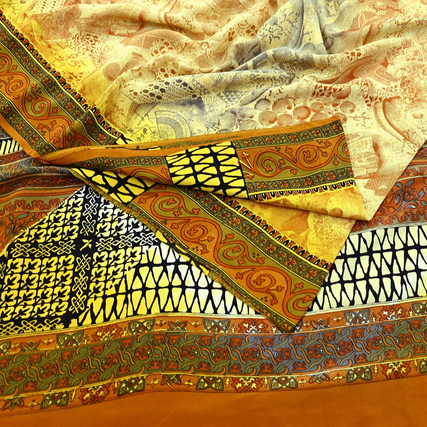 Indian Vintage Sari Ivory & Mustard Pure Crepe Silk Printed Sarees 6yd Sewing Soft Craft Fabric Wrap Dress Making Crafting Quilting Upcycle