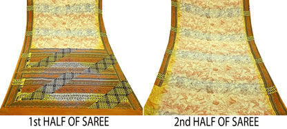 Indian Vintage Sari Ivory & Mustard Pure Crepe Silk Printed Sarees 6yd Sewing Soft Craft Fabric Wrap Dress Making Crafting Quilting Upcycle