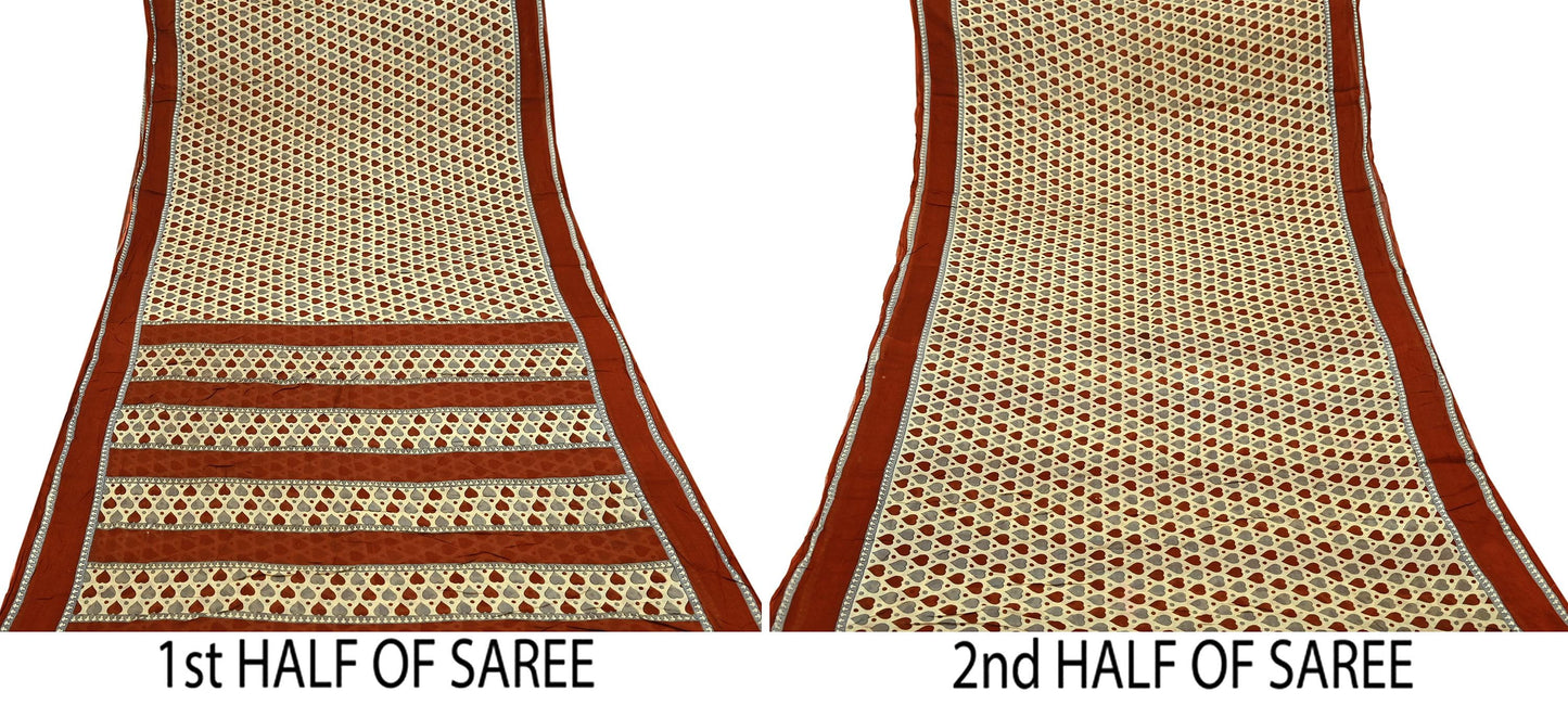 Indian Vintage Beige Saree Printed 100% Pure Cotton Sari Craft Fabric 5Yd Soft Sewing Sarong Wrap Dress Making Quilting Crafting