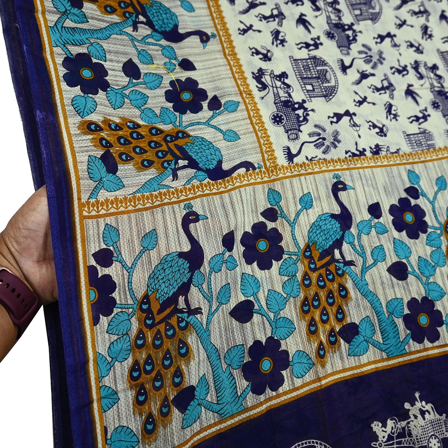 Indian Vintage Blue & Cream Saree Printed 100% Pure Cotton Sari Craft Fabric Soft 5Yd Sewing Sarong Wrap Boho Peacock