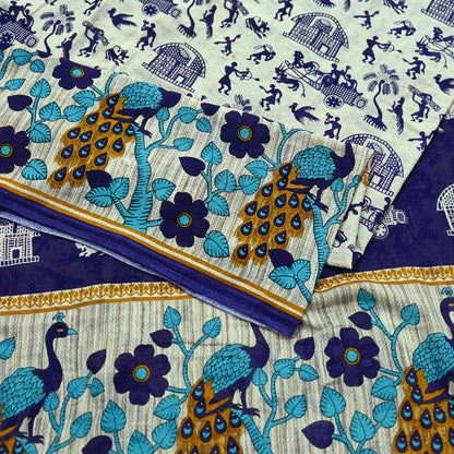 Indian Vintage Blue & Cream Saree Printed 100% Pure Cotton Sari Craft Fabric Soft 5Yd Sewing Sarong Wrap Boho Peacock