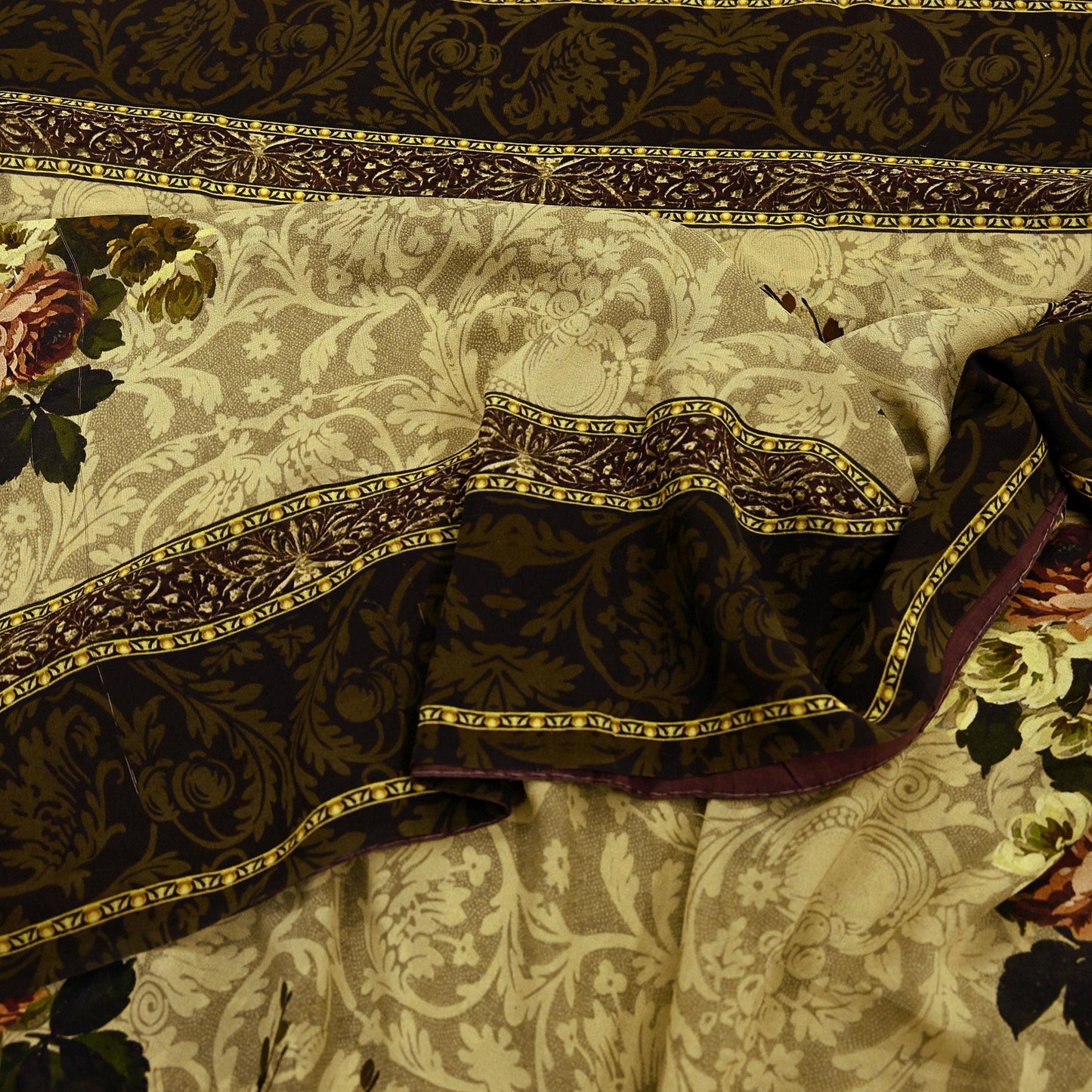 Indian Vintage Sari Beige Pure Georgette Silk Printed Sarees 5Yd Craft Fabric Sewing Quilting Dress making Crafting Quilting Upcycle