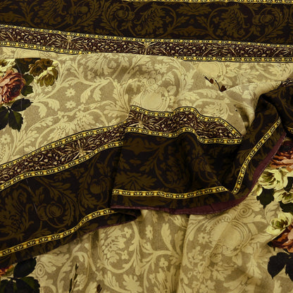 Indian Vintage Sari Beige Pure Georgette Silk Printed Sarees 5Yd Craft Fabric Sewing Quilting Dress making Crafting Quilting Upcycle