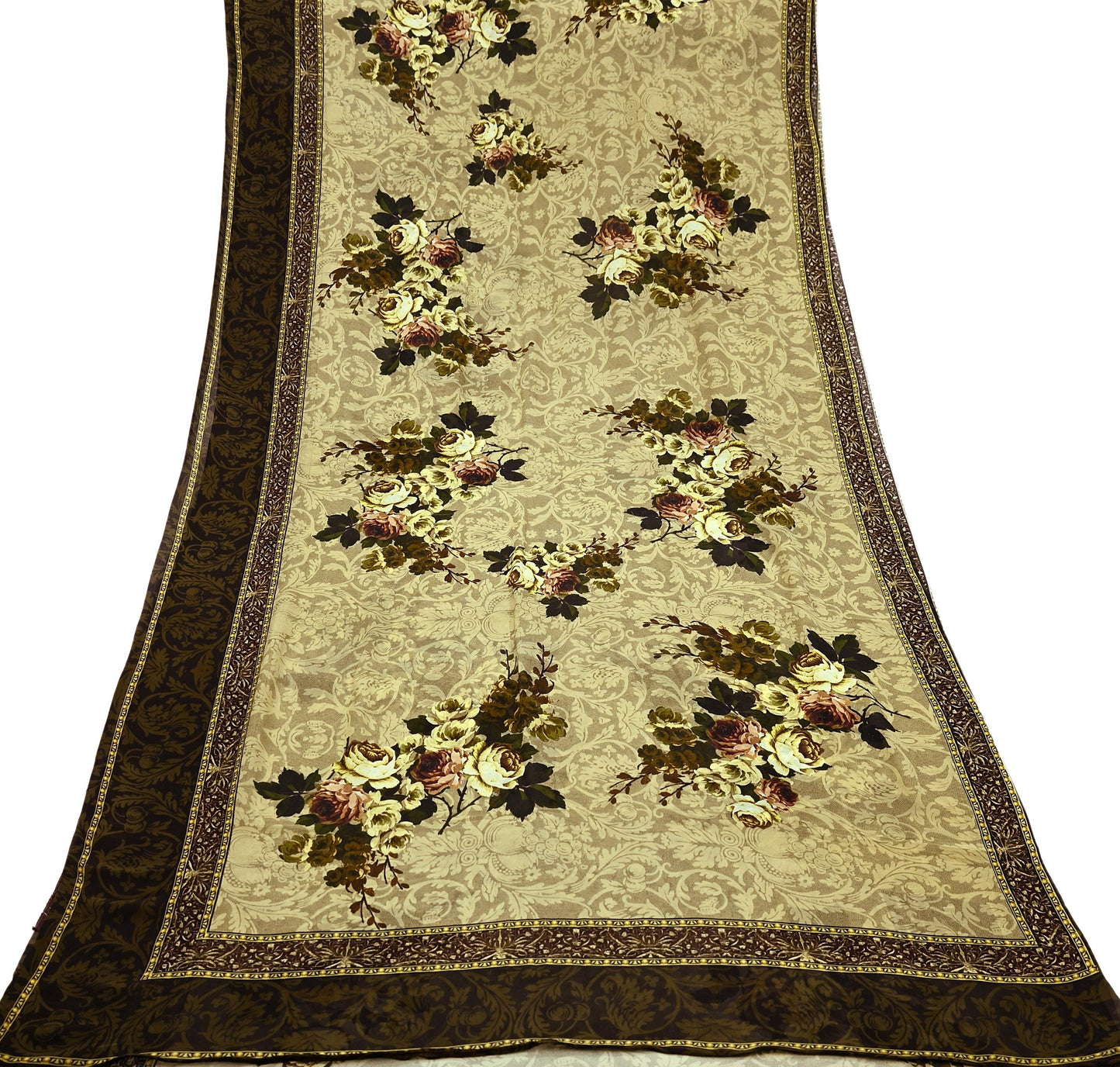 Indian Vintage Sari Beige Pure Georgette Silk Printed Sarees 5Yd Craft Fabric Sewing Quilting Dress making Crafting Quilting Upcycle