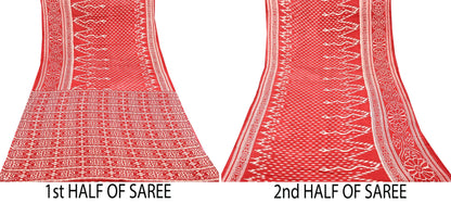 Indian Vintage Sari Red Printed 100% Pure Cotton Saree Craft Fabric 5Yd Sewing Sarong Wrap Boho Floral Soft Quilting Upcycle