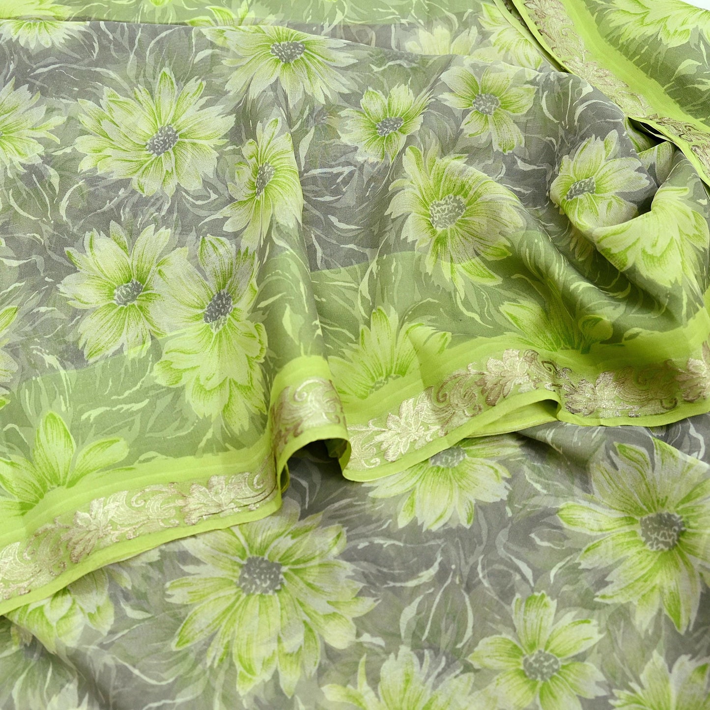 Indian Vintage Sari Green & Gray Pure Georgette Silk Printed Sarees 5Yd Craft Fabric Sewing Quilting Dress making Crafting Quilting Zari