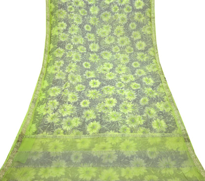 Indian Vintage Sari Green & Gray Pure Georgette Silk Printed Sarees 5Yd Craft Fabric Sewing Quilting Dress making Crafting Quilting Zari