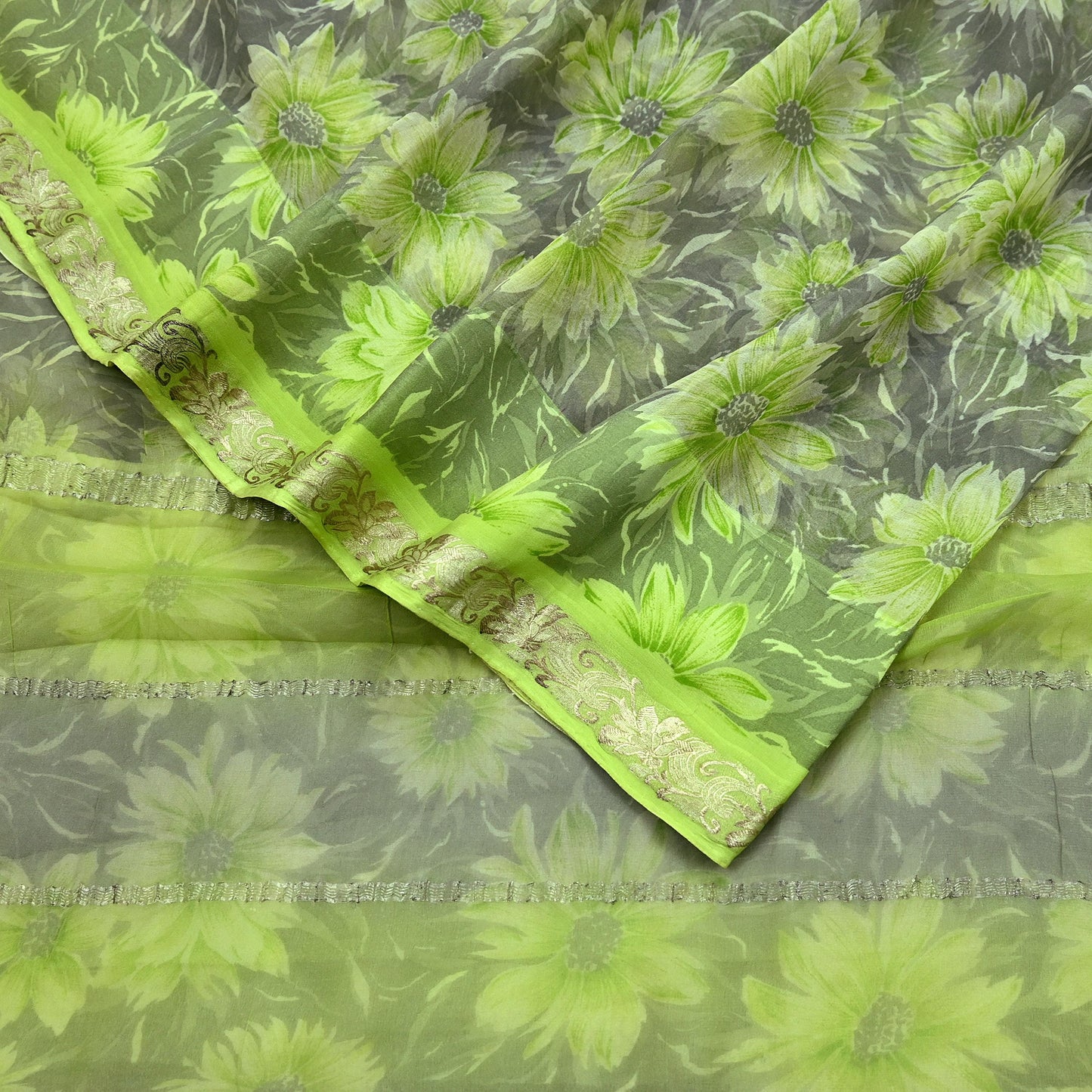 Indian Vintage Sari Green & Gray Pure Georgette Silk Printed Sarees 5Yd Craft Fabric Sewing Quilting Dress making Crafting Quilting Zari