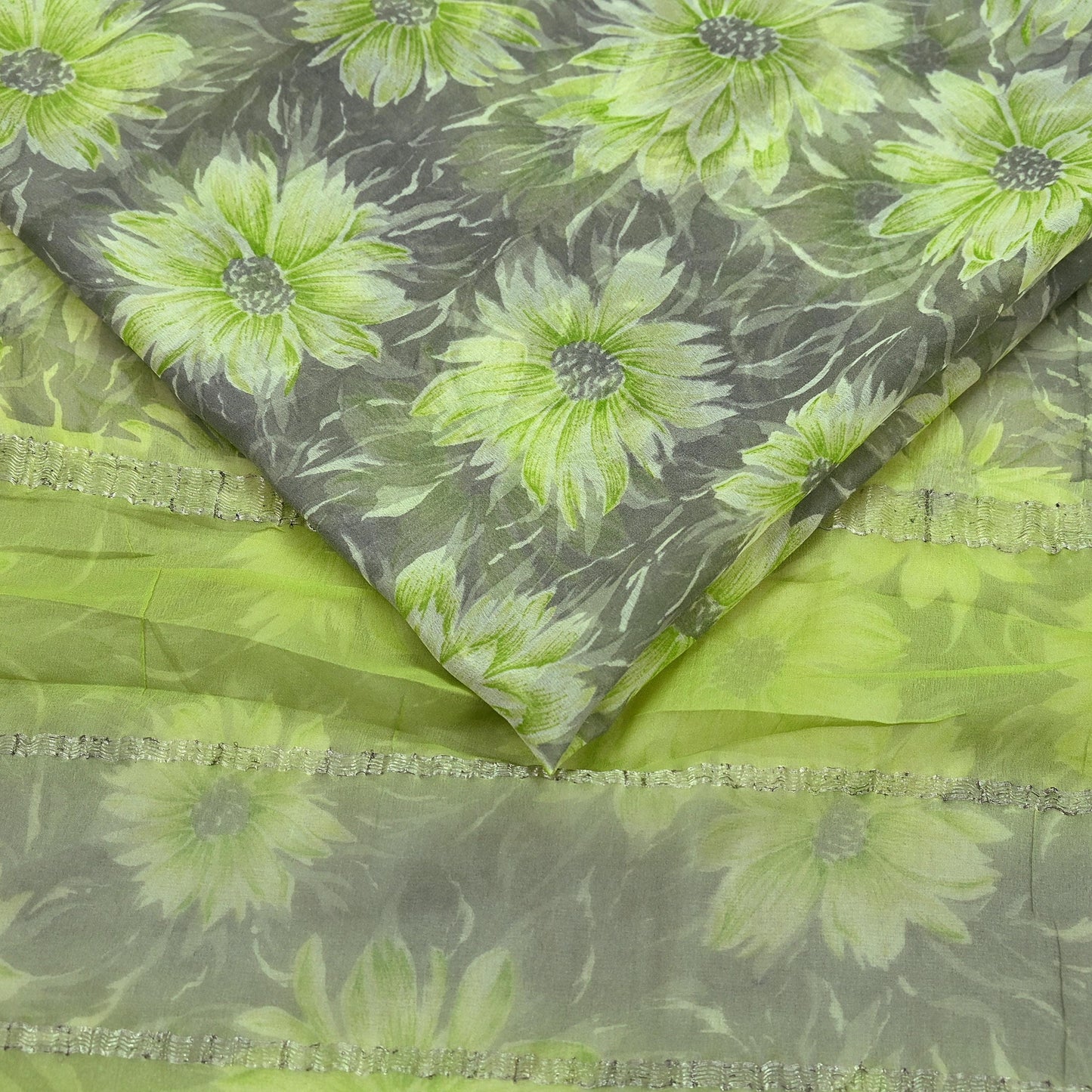 Indian Vintage Sari Green & Gray Pure Georgette Silk Printed Sarees 5Yd Craft Fabric Sewing Quilting Dress making Crafting Quilting Zari