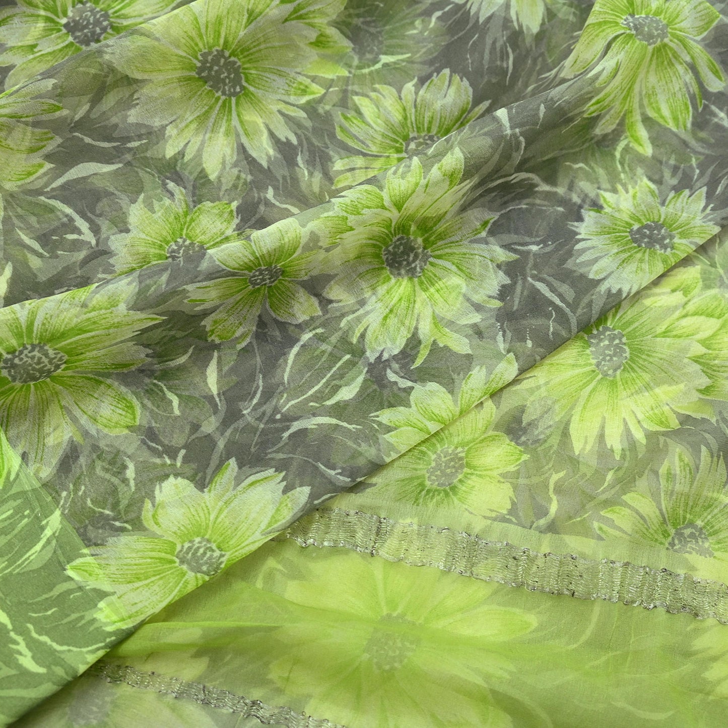 Indian Vintage Sari Green & Gray Pure Georgette Silk Printed Sarees 5Yd Craft Fabric Sewing Quilting Dress making Crafting Quilting Zari