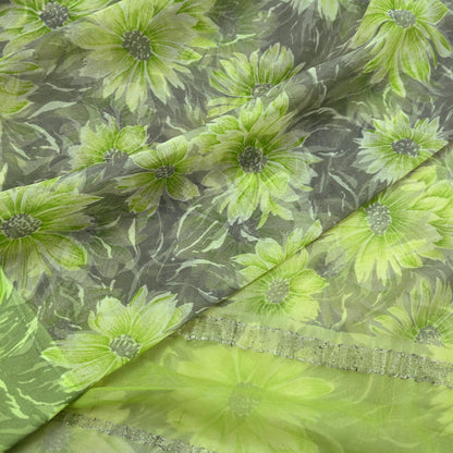 Indian Vintage Sari Green & Gray Pure Georgette Silk Printed Sarees 5Yd Craft Fabric Sewing Quilting Dress making Crafting Quilting Zari