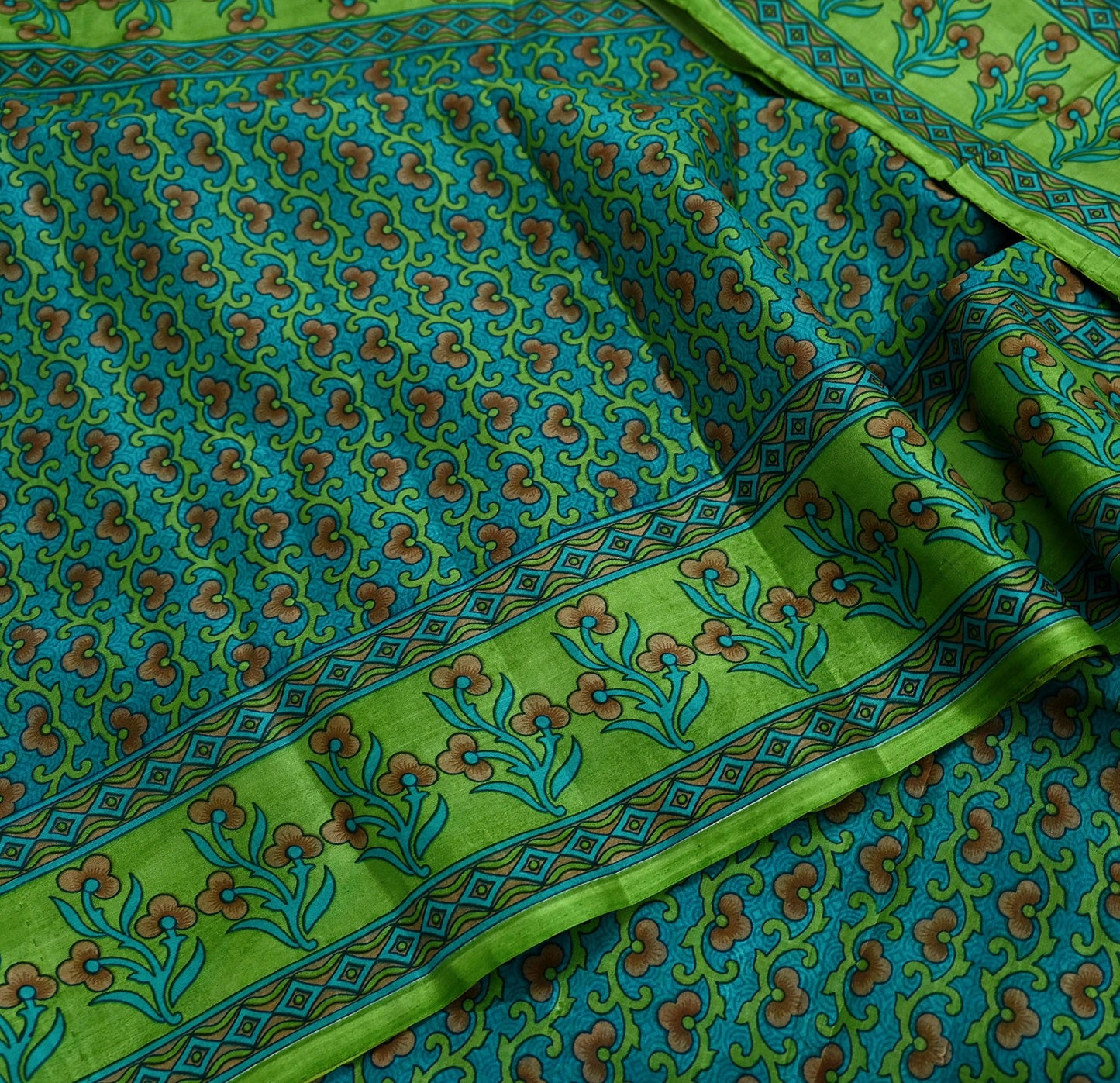 Indian Vintage Sari Green Pure Silk Printed Sarees 5yd Sewing Craft Fabric Dress Making  Soft Floral Wrap Upcycle Used Quilting Crafting