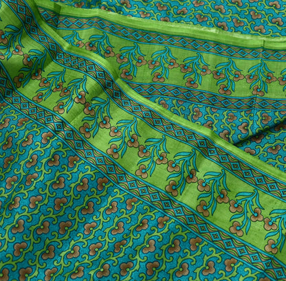 Indian Vintage Sari Green Pure Silk Printed Sarees 5yd Sewing Craft Fabric Dress Making  Soft Floral Wrap Upcycle Used Quilting Crafting