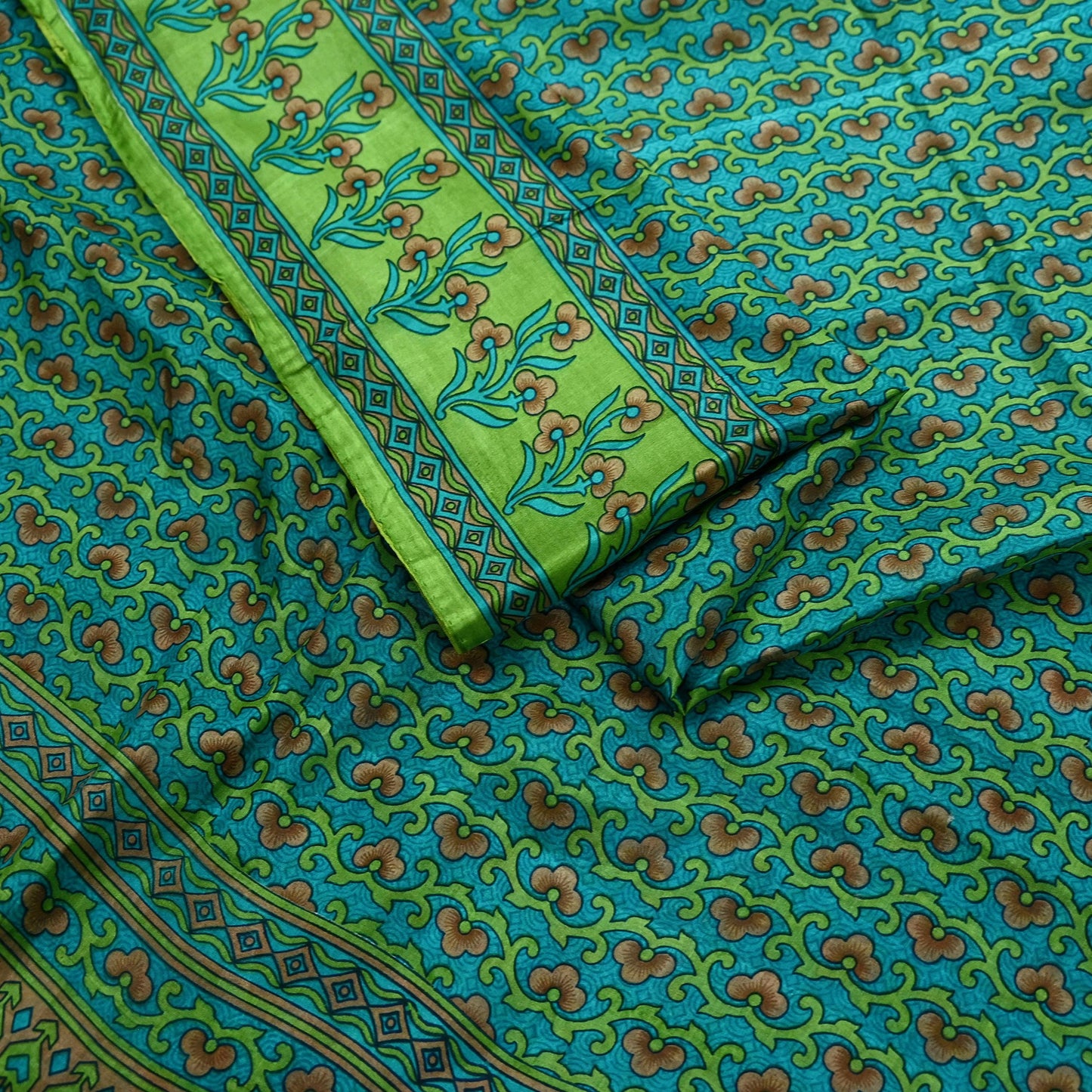 Indian Vintage Sari Green Pure Silk Printed Sarees 5yd Sewing Craft Fabric Dress Making  Soft Floral Wrap Upcycle Used Quilting Crafting