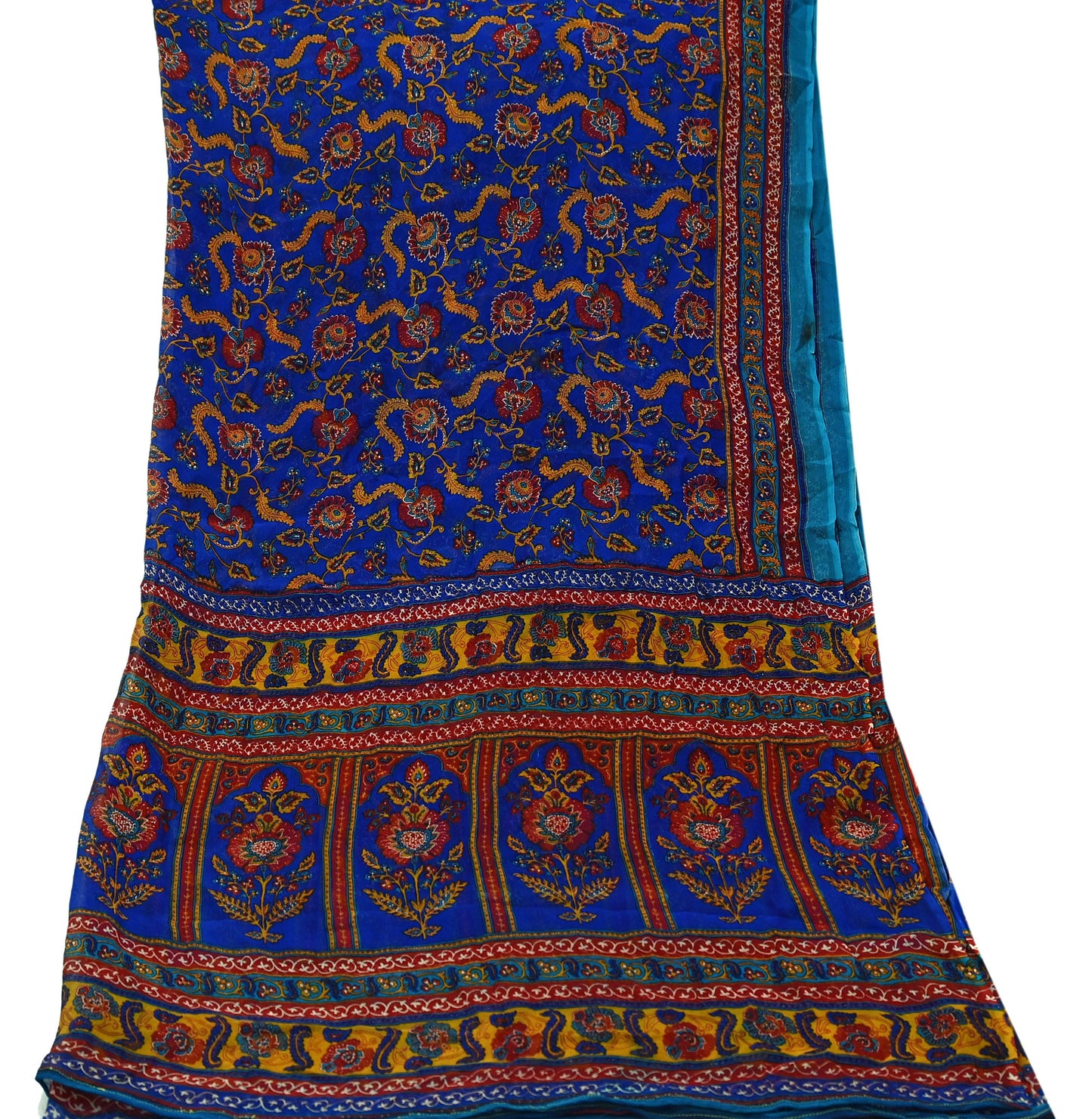 Indian Vintage Dupatta Blue Long Stole Hand Beaded Printed Pure Georgette Silk Scarves Veil Wrap Soft Floral