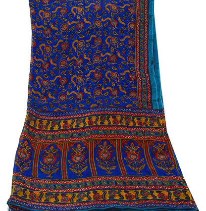 Indian Vintage Dupatta Blue Long Stole Hand Beaded Printed Pure Georgette Silk Scarves Veil Wrap Soft Floral