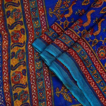 Indian Vintage Dupatta Blue Long Stole Hand Beaded Printed Pure Georgette Silk Scarves Veil Wrap Soft Floral