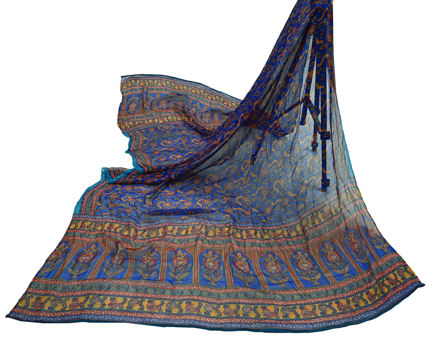 Indian Vintage Dupatta Blue Long Stole Hand Beaded Printed Pure Georgette Silk Scarves Veil Wrap Soft Floral