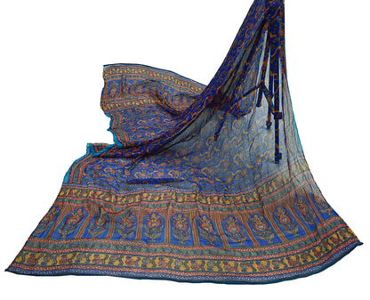 Indian Vintage Dupatta Blue Long Stole Hand Beaded Printed Pure Georgette Silk Scarves Veil Wrap Soft Floral